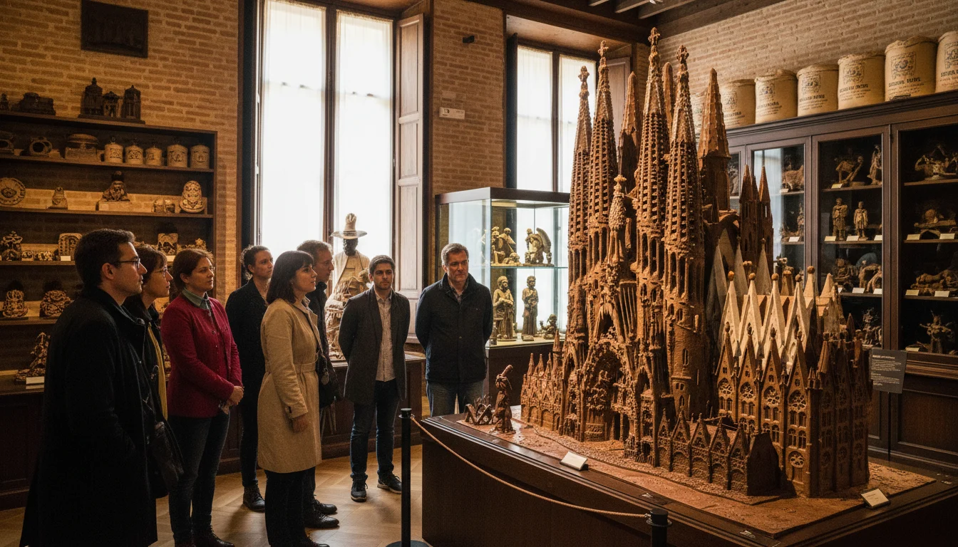 Colección de objetos insólitos y figuras en un museo curioso de Barcelona, destacando la originalidad de sus exposiciones.