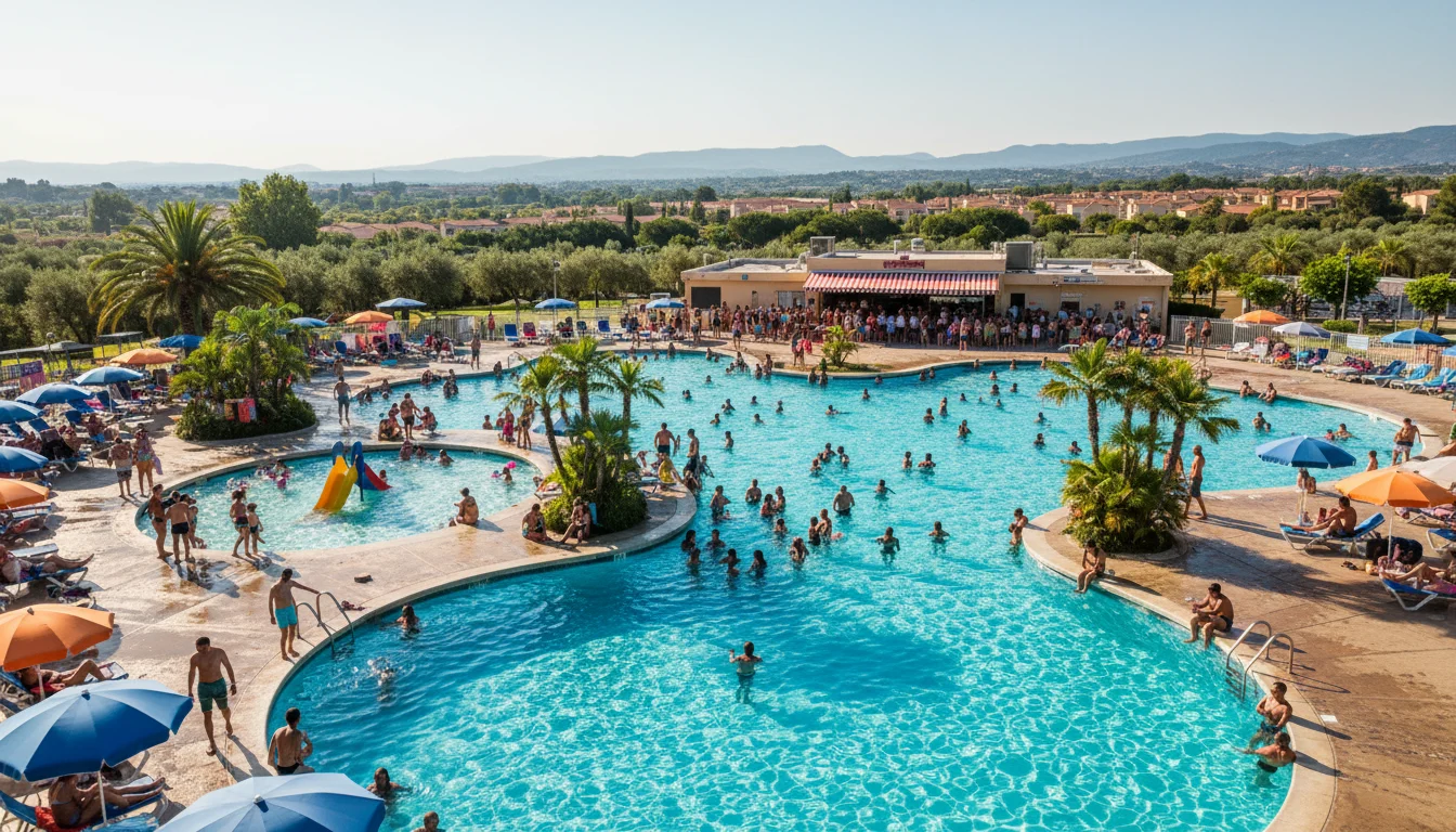 Gente disfrutando en una de las piscinas públicas de Barcelona con vistas panorámicas de la ciudad y el mar Mediterráneo en un día soleado de verano.