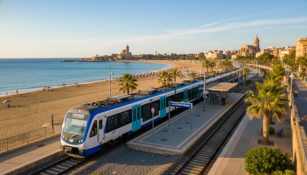 Vista aérea de la costa de Tarragona con playas y calas de arena dorada y aguas cristalinas, accesible en tren.