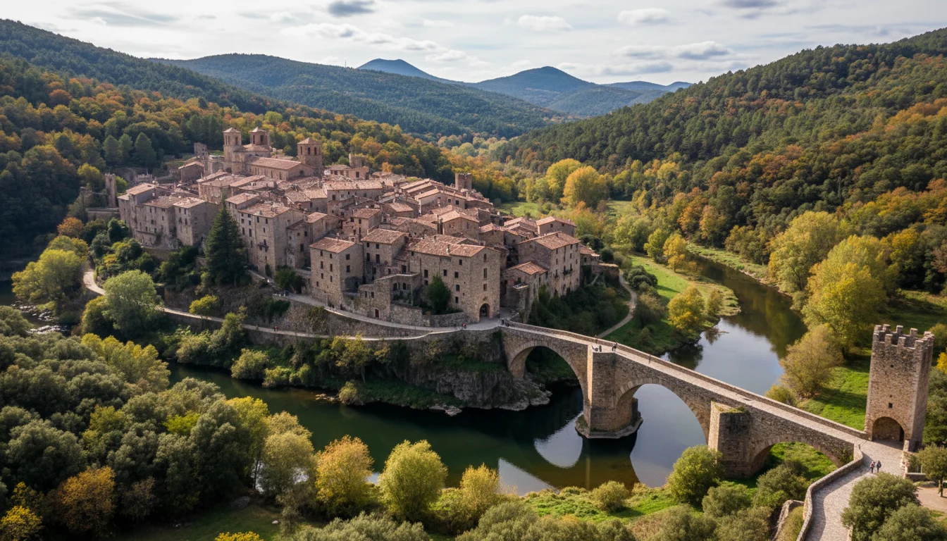 Impresionante vista panorámica de un pueblo de piedra de la Garrotxa, con su arquitectura volcánica y entorno natural.