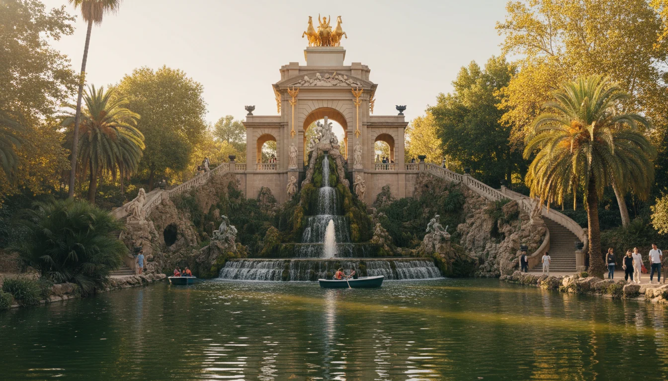 Vista aérea del Parque de la Ciutadella en Barcelona con la Cascada Monumental y el lago, destacando su belleza. Parque Ciutadella Barcelona.