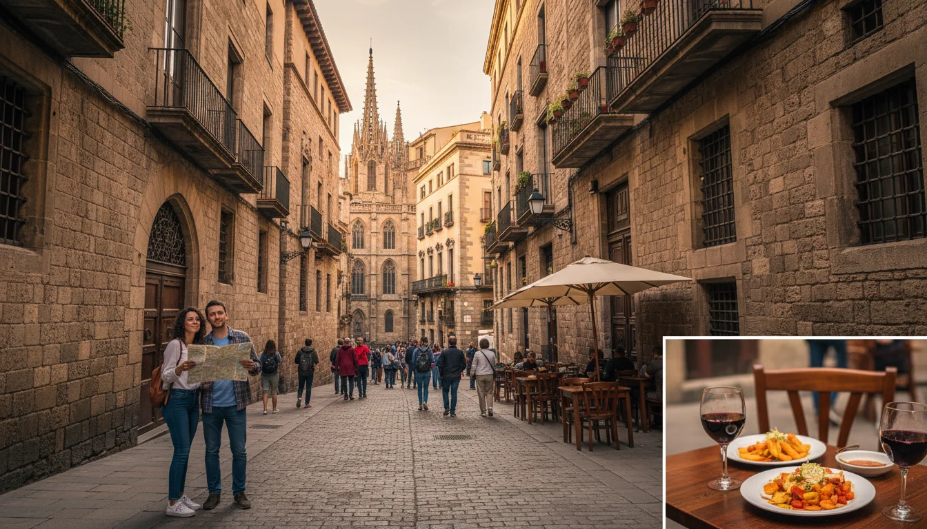 Callejón adoquinado del Barrio Gótico de Barcelona, con edificios antiguos y un puente, evocando la historia de la ruta barrio gótico Barcelona.