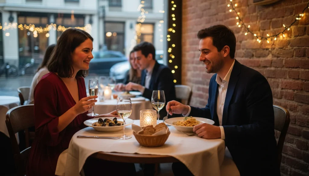 Pareja disfrutando de una cena íntima en un restaurante romántico, con luz tenue y ambiente acogedor, ideal para una primera cita.