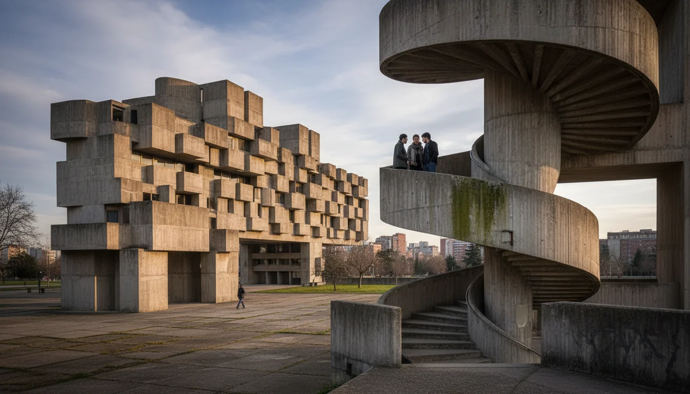 Vista de un edificio brutalista en Barcelona con hormigón visto y volúmenes masivos, ejemplo de la arquitectura brutalista de la ciudad.