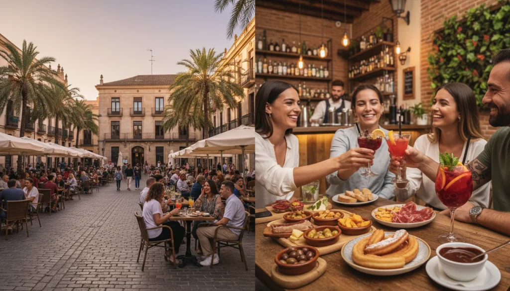 Amigos brindando con cócteles en una animada terraza de Barcelona al atardecer, con el ambiente vibrante y relajado del tardeo.