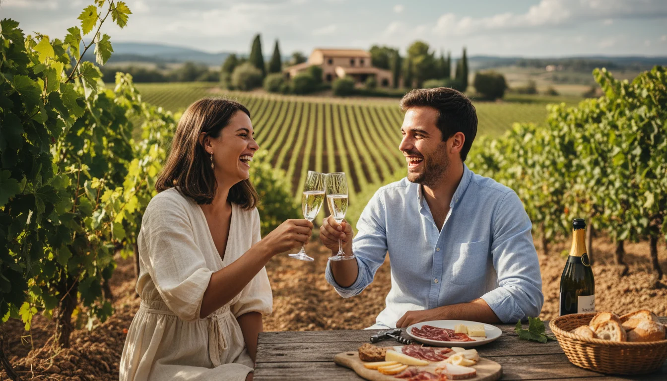 Viñedos verdes del Penedès al amanecer, con bodegas en el horizonte, representando la belleza de la ruta del vino Penedès.