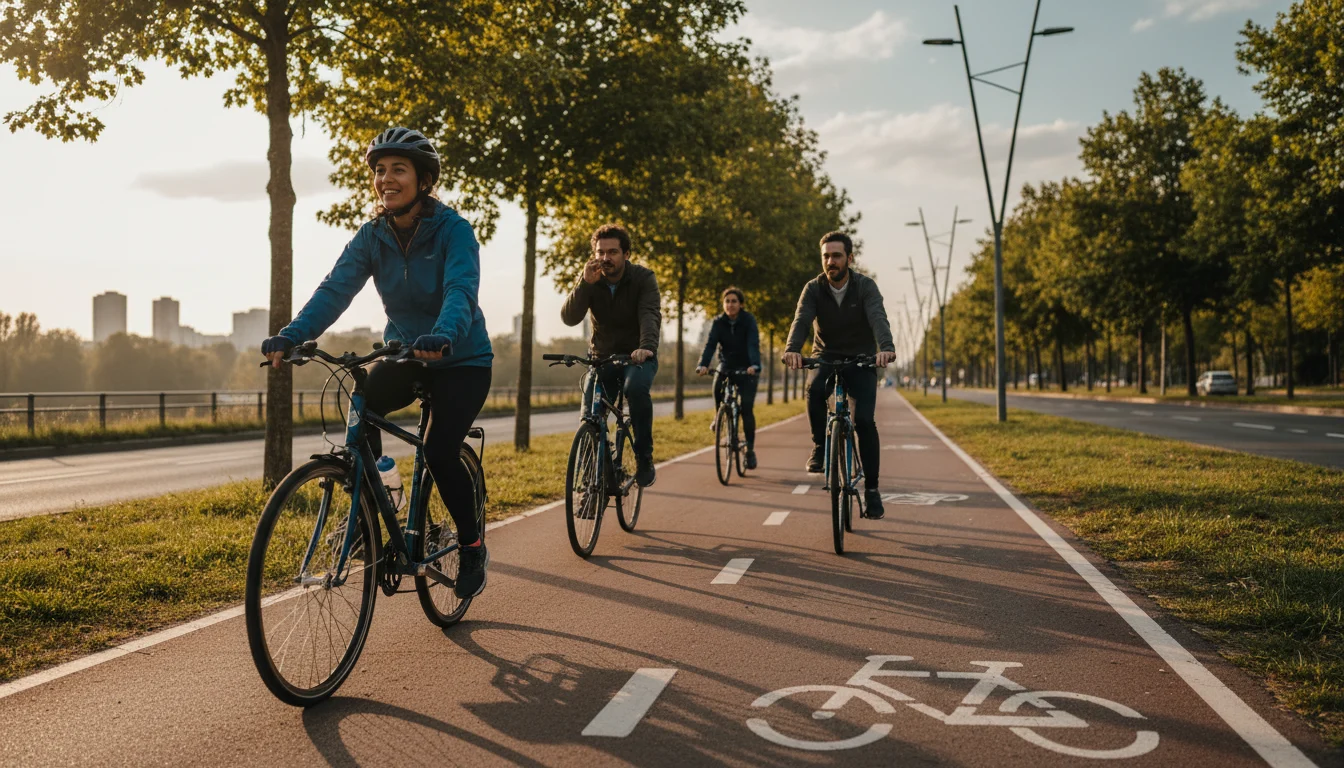 Ciclistas en carril bici segregado en ciudad, ejemplo de rutas en bicicleta seguras y carriles bici urbanos eficientes.