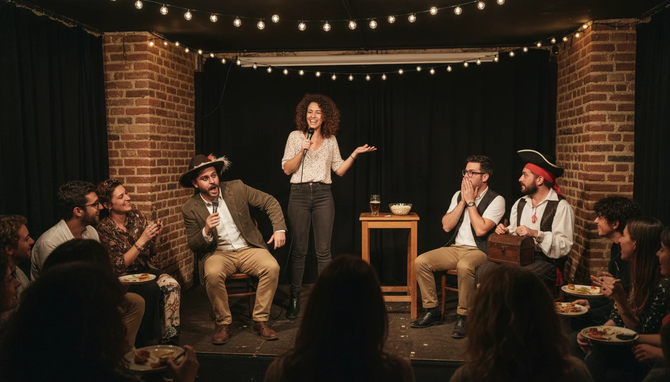 Escenario íntimo de microteatro o stand-up comedy con un actor y público cercano en Barcelona, destacando la conexión en vivo.