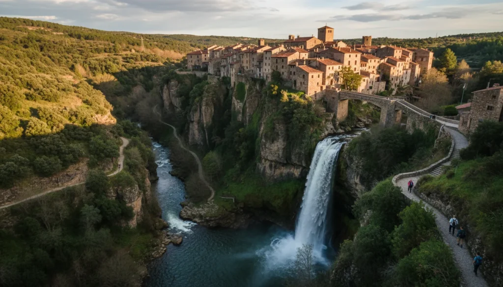 Vista aérea de Rupit, pueblo medieval de piedra con puente colgante, y el Salto de Sallent, cascada más alta de Cataluña.