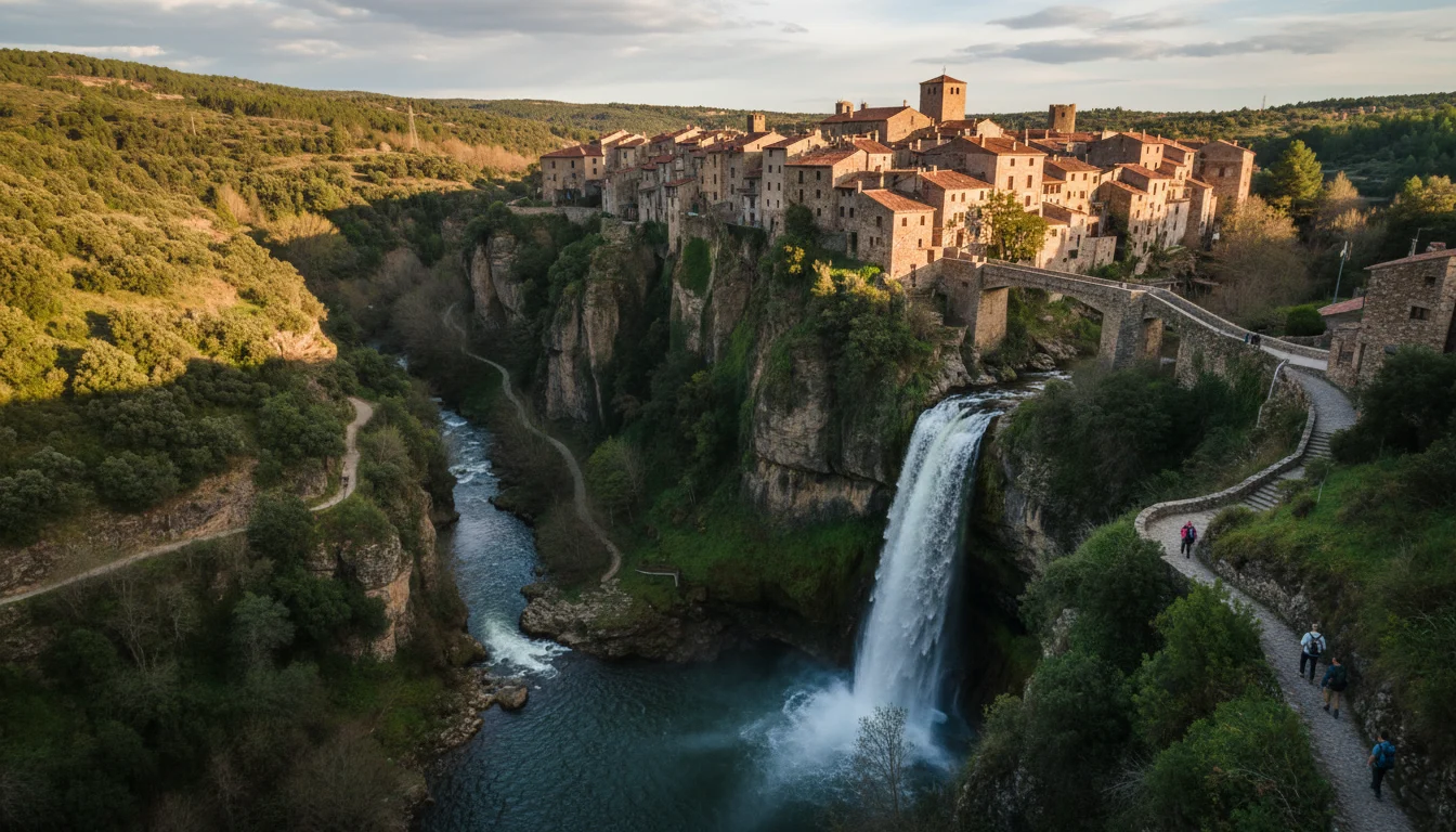 Vista aérea de Rupit, pueblo medieval de piedra con puente colgante, y el Salto de Sallent, cascada más alta de Cataluña.