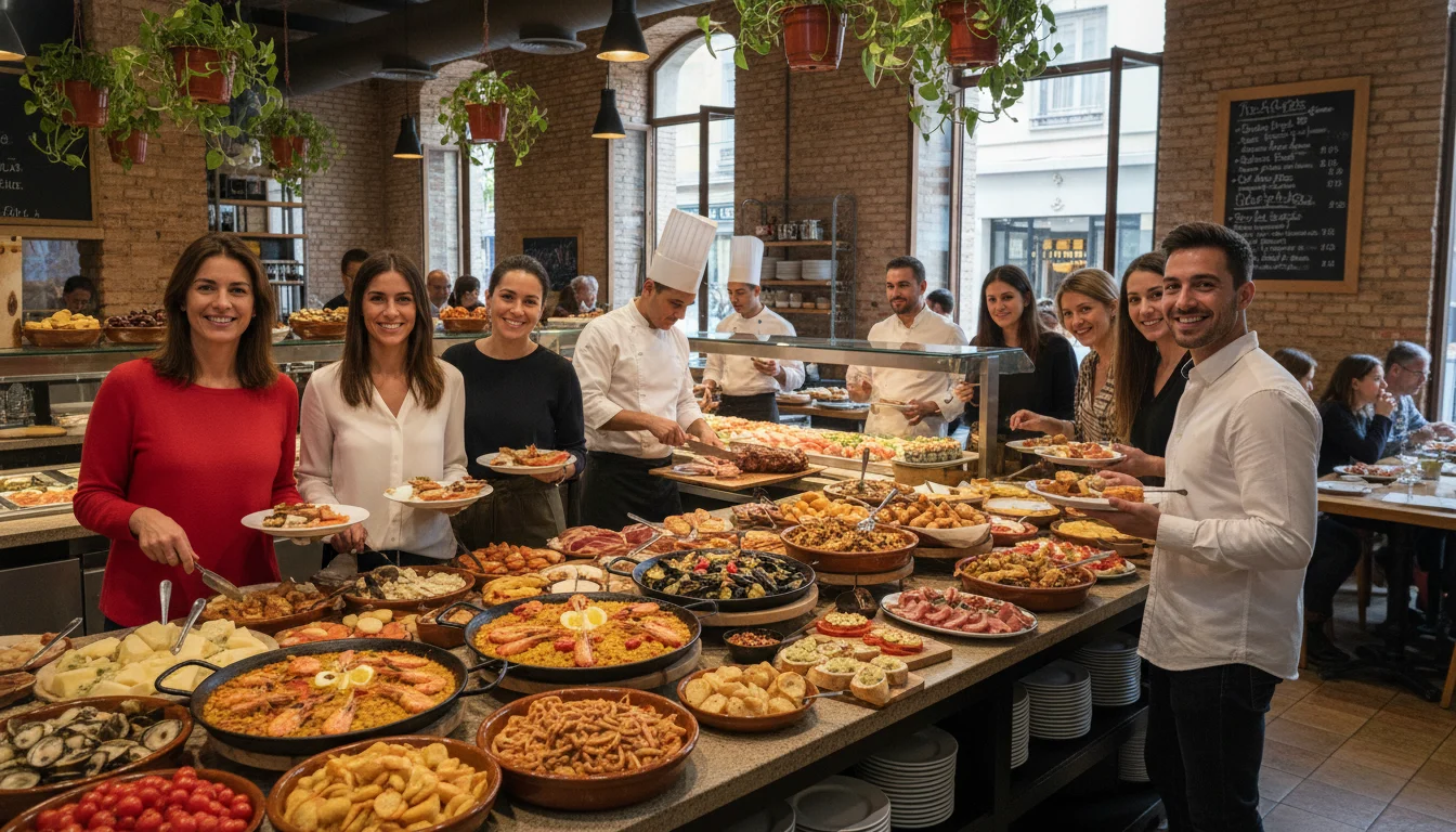 Variedad de platos frescos en un buffet libre de calidad en Barcelona, con comensales eligiendo comida asiática, italiana y saludable.