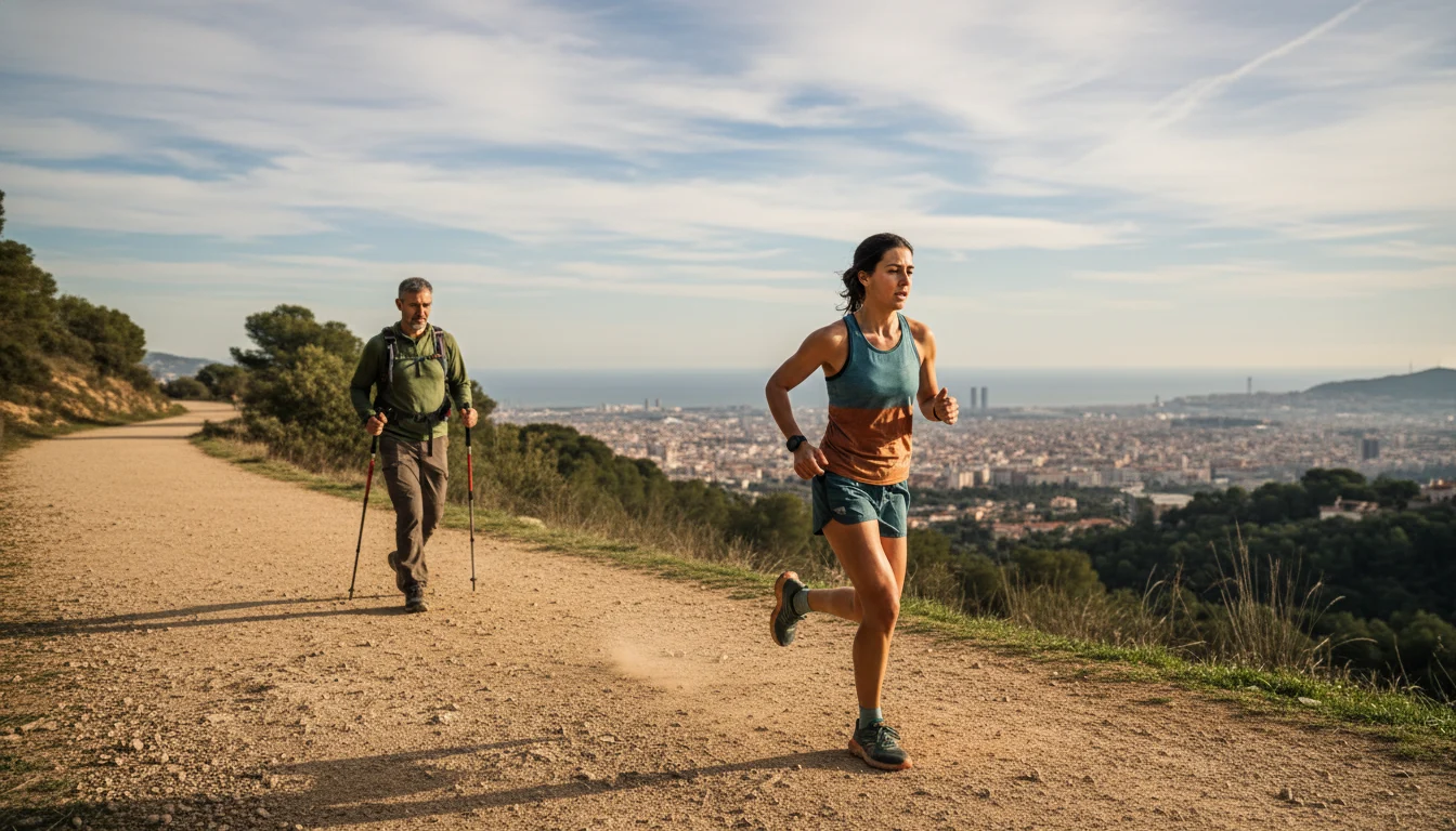 Persona corriendo por la Carretera de les Aigües con vistas panorámicas de Barcelona, resaltando la silueta de la ciudad.