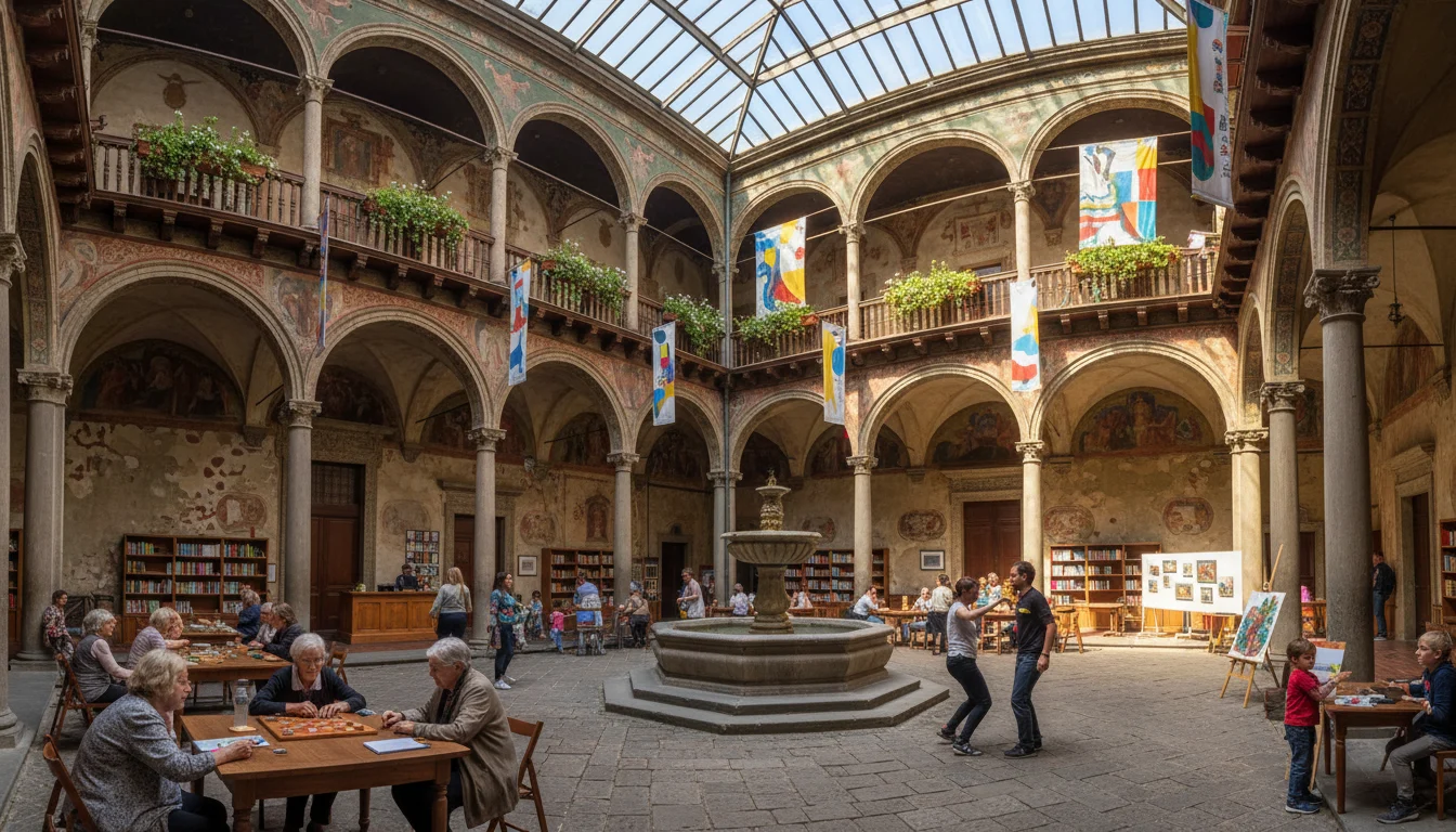 Palacio histórico transformado en centro cívico con gente participando en actividades, mostrando la vitalidad de los centros cívicos en Barcelona.