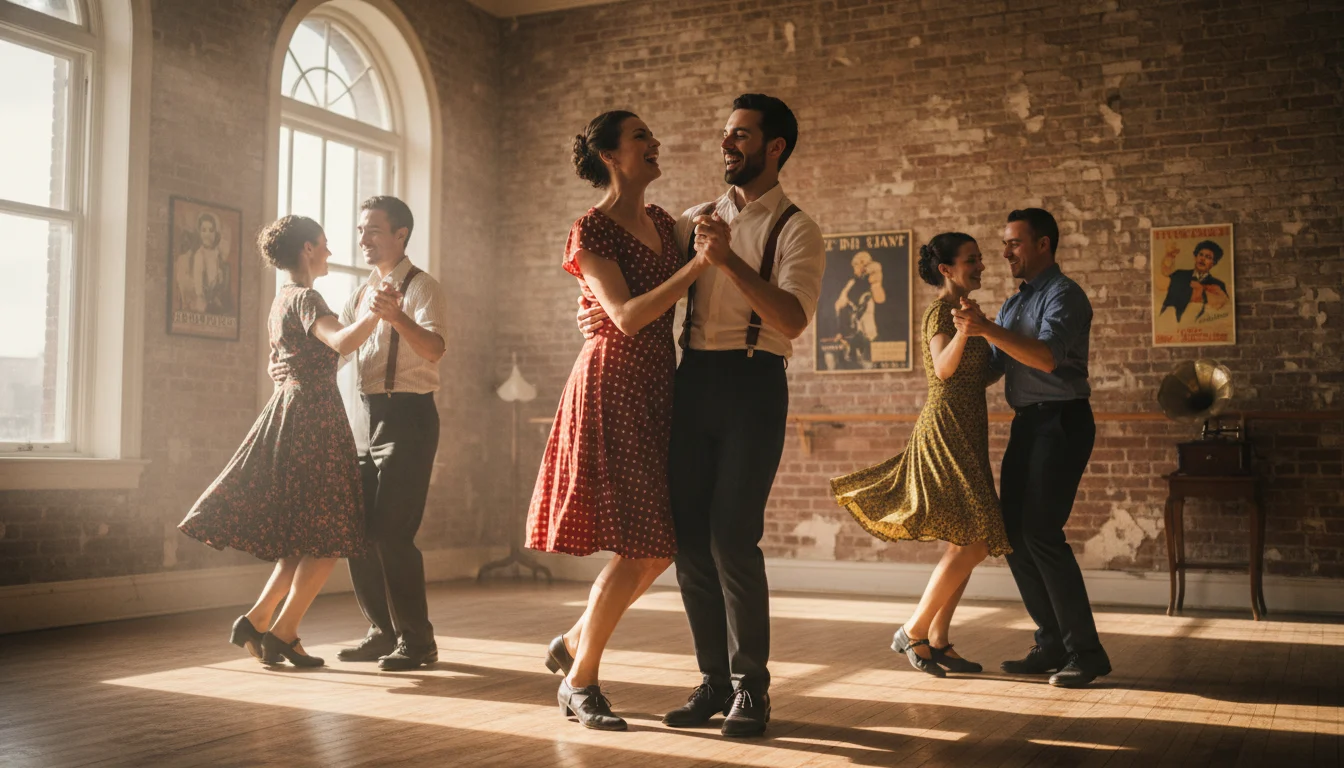 Pareja bailando Lindy Hop con energía y sonrisas en un social de swing en Barcelona, reflejando la alegría de las clases de swing.