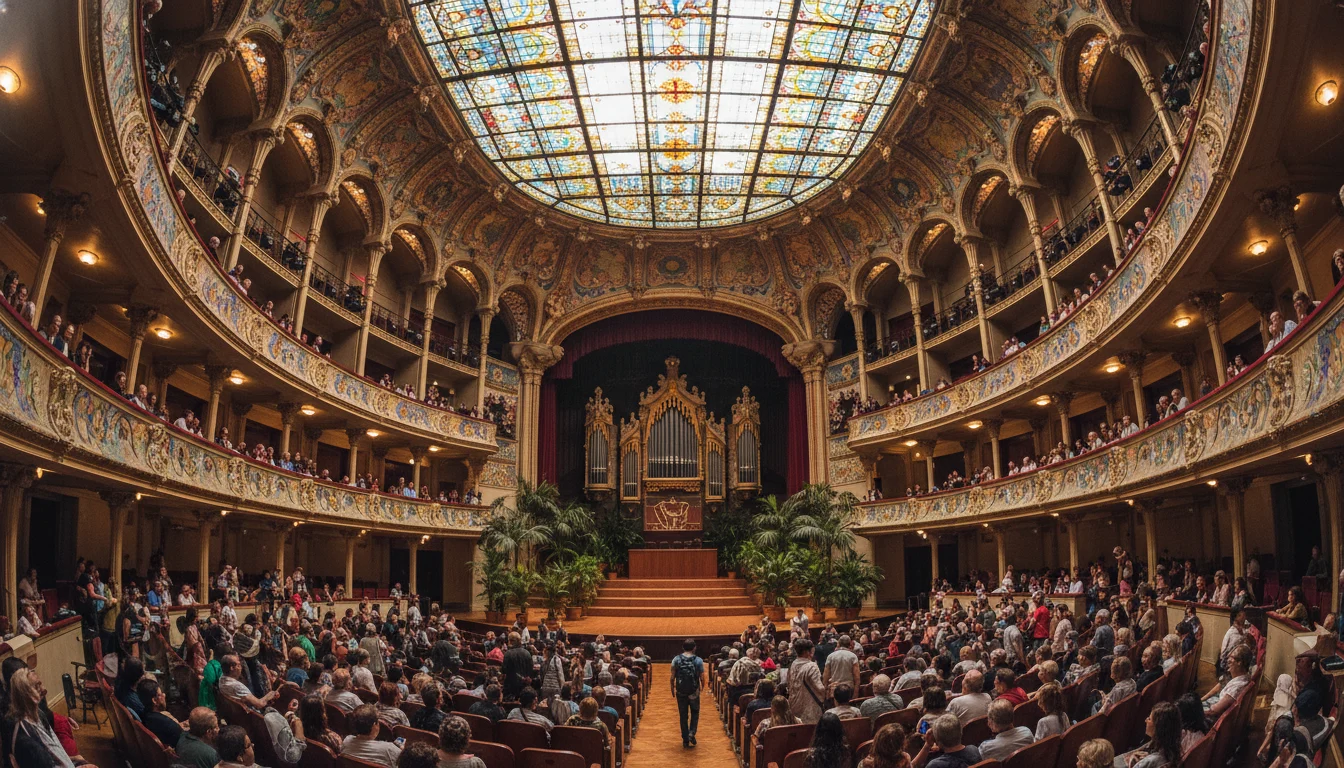 Interior Sala de Conciertos del Palau de la Música Catalana con su icónico lucernario central de cristal y vidrieras modernistas.