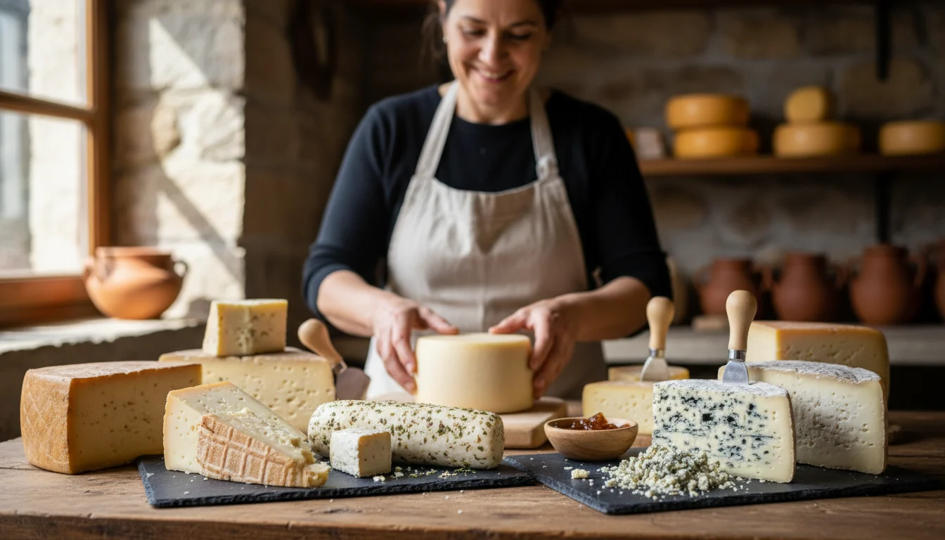 Variedad de quesos artesanos en una tabla de madera, con un cuchillo de queso y uvas, destacando la calidad y diversidad.