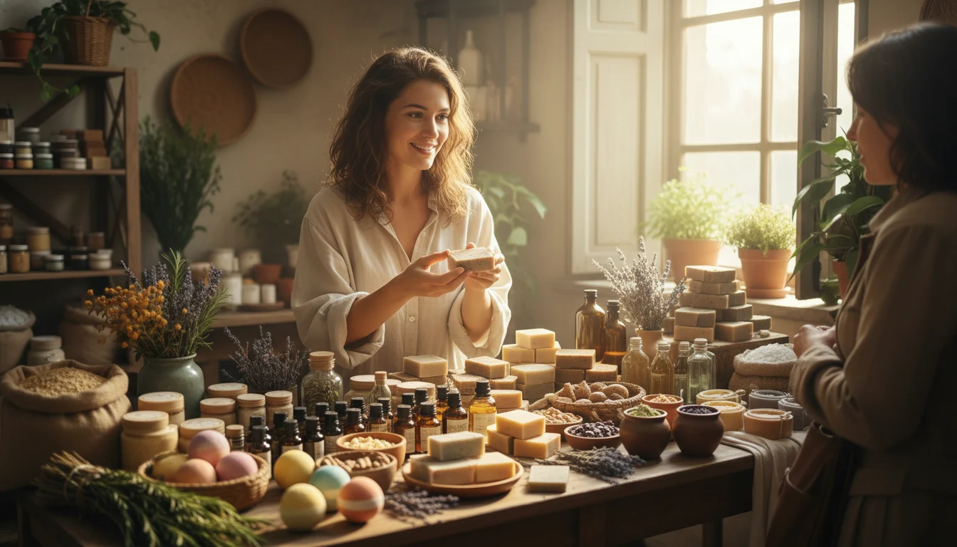 Mujer eligiendo productos de cosmética natural en una tienda especializada, enfatizando la búsqueda de opciones saludables y éticas.