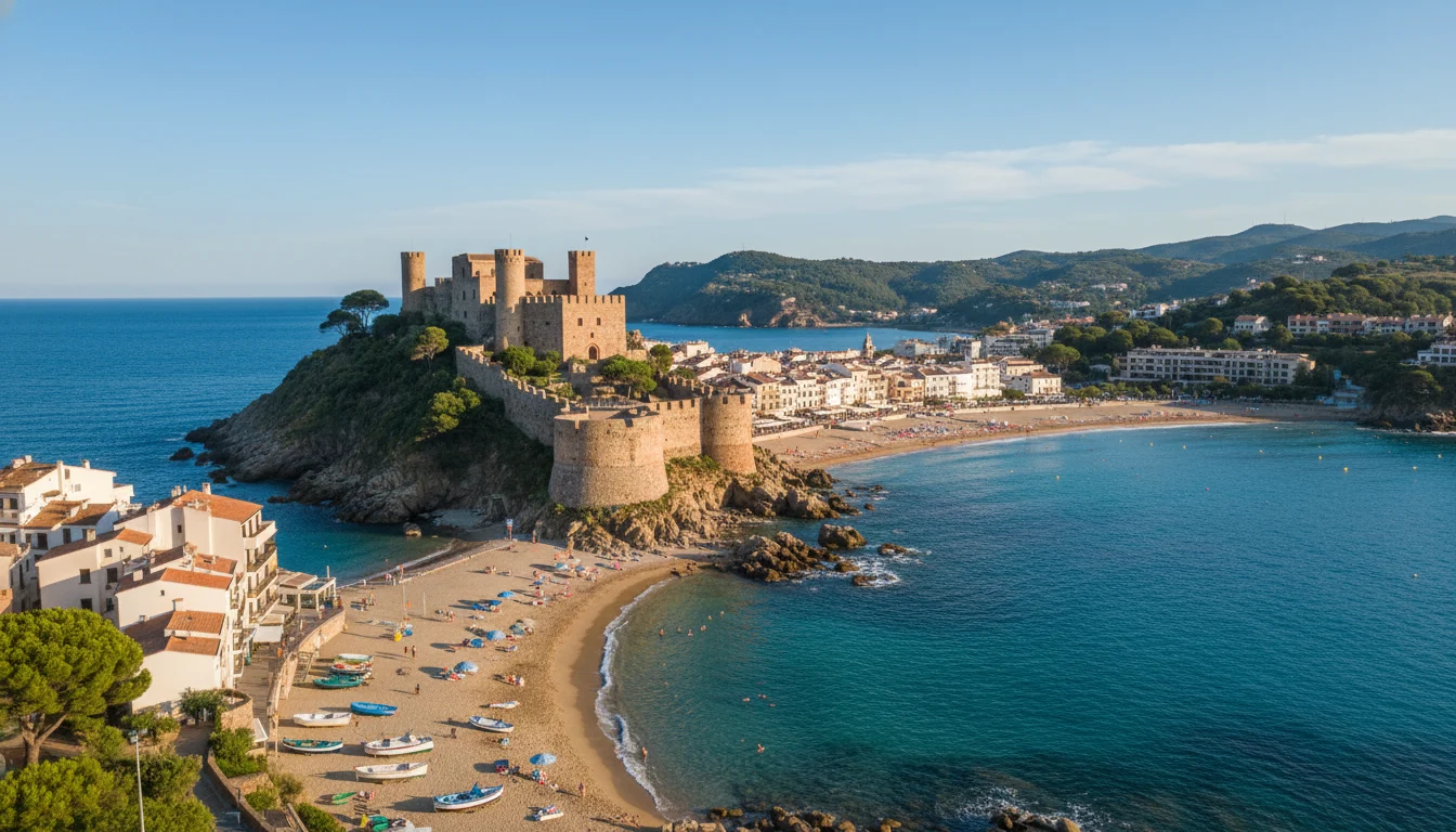 Muralla medieval de la Vila Vella de Tossa de Mar emergiendo del mar al atardecer, con sus torres y almenas
