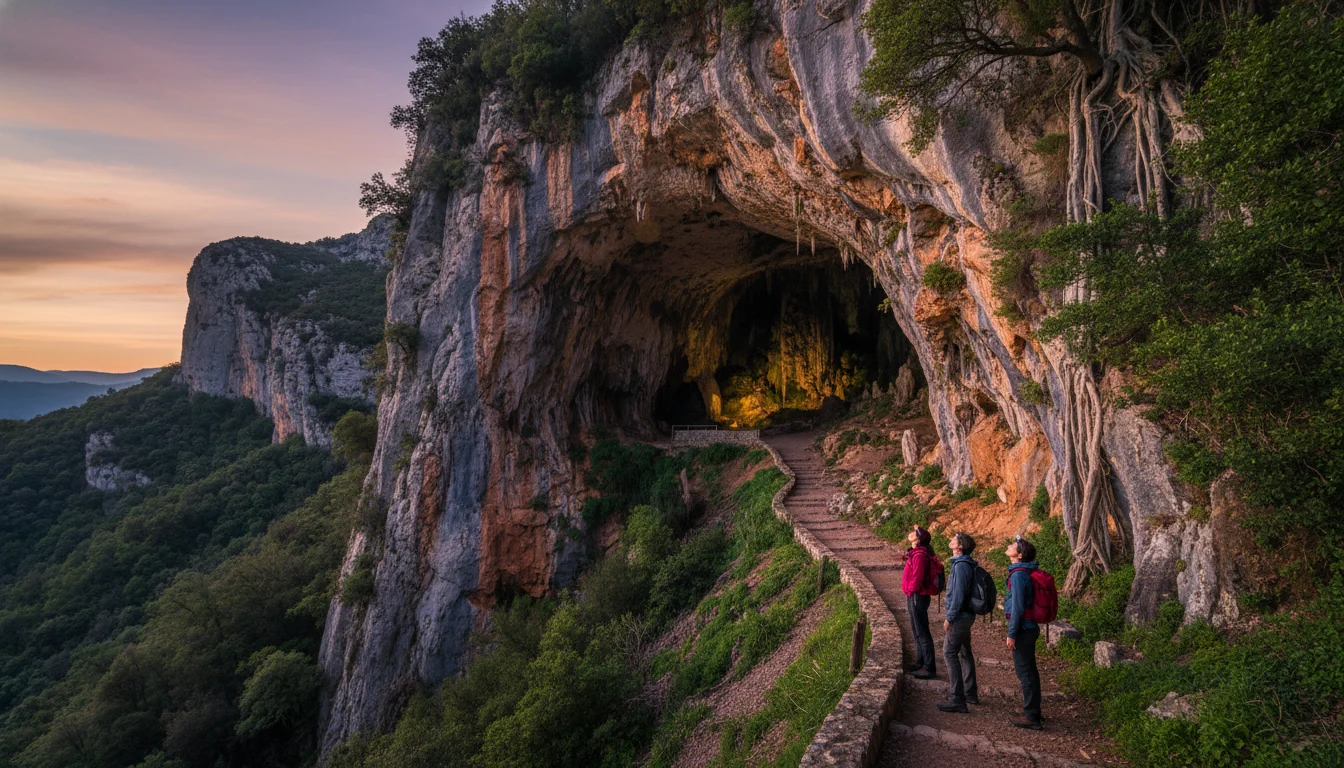 Vista interior de las Cuevas del Salnitre Collbató con impresionantes estalactitas y estalagmitas iluminadas, reflejando su majestuosidad geológica.