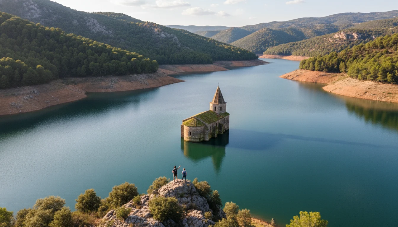 Campanario de la iglesia de Sant Romà de Sau emergiendo del agua en el pantano de Sau, rodeado de un paisaje natural y montañoso.