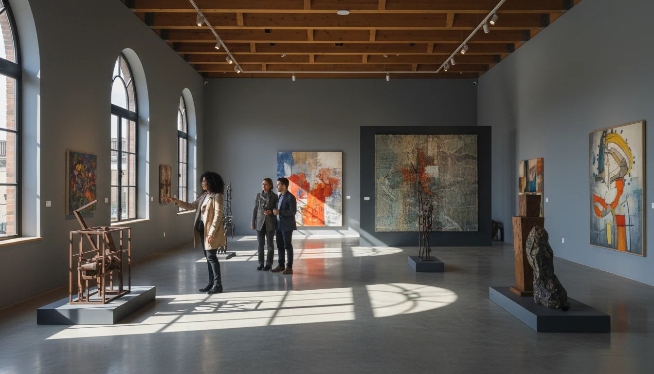 Interior de una moderna galería de arte contemporáneo con obras abstractas y visitantes, destacando su papel esencial.
