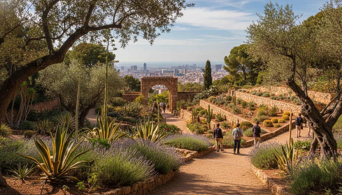 Vista panorámica del Jardín Botánico de Barcelona en Montjuïc con sus diversas colecciones de flora mediterránea y global.