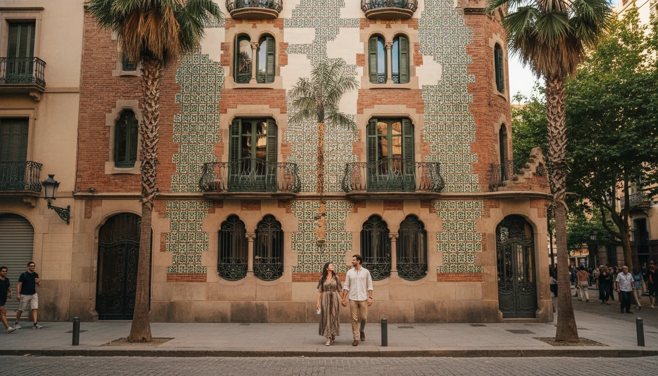 Fachada principal de Casa Vicens, primera obra de Gaudí, con azulejos verdes y blancos y ladrillo visto en Barcelona.