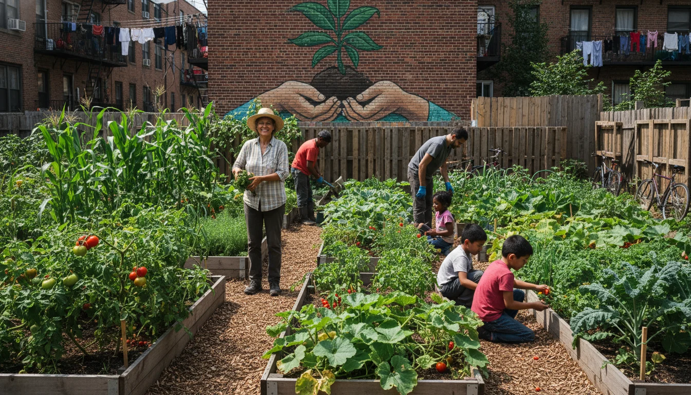Grupo de vecinos de diversas edades cultivando hortalizas en un huerto urbano comunitario, símbolo de vida verde y cohesión social.