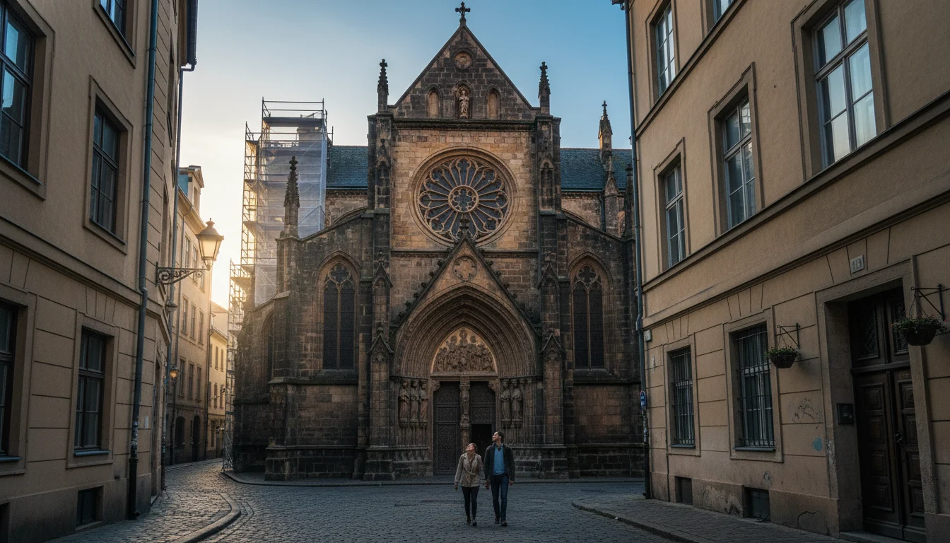Fachada de una iglesia gótica urbana, con arcos apuntados y un gran rosetón, sobresaliendo entre edificios modernos.