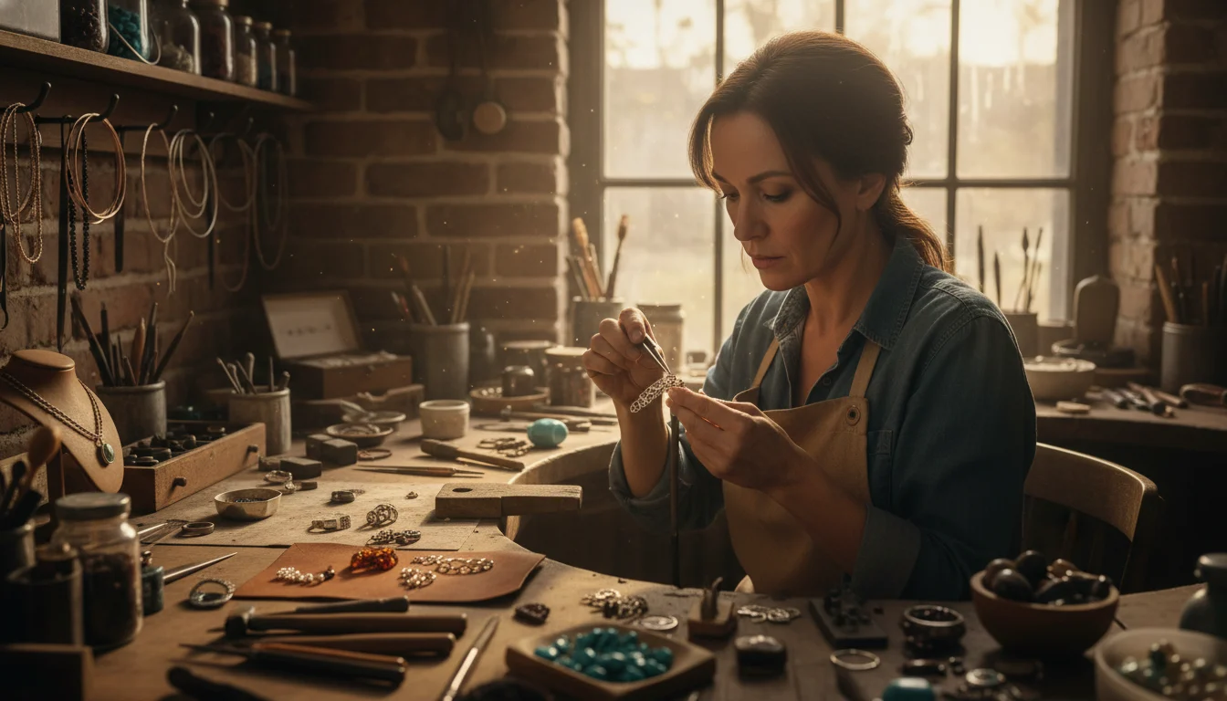 Joyería artesana: Un artesano experto trabajando en un delicado anillo de plata, mostrando el detalle y la pasión del proceso creativo.