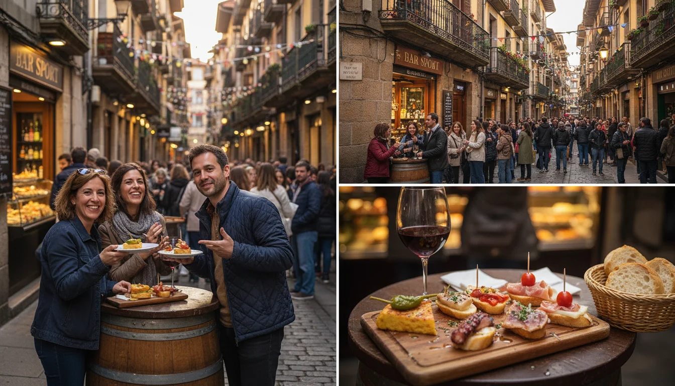 Gente disfrutando de pintxos en la barra de un bar de la Calle Blai, Poble Sec, durante una animada ruta gastronómica en Barcelona.