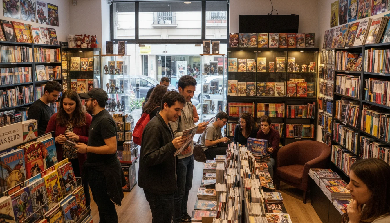 Interior vibrante de una tienda de cómics en el Triángulo Friki Barcelona, con estanterías repletas de cómics y manga.