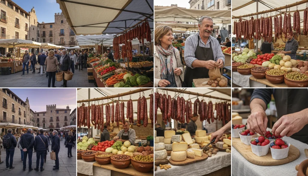 Colorido mercado tradicional de Vic en la Plaza Mayor, con puestos de productos frescos y gente paseando. Mercado de Vic.
