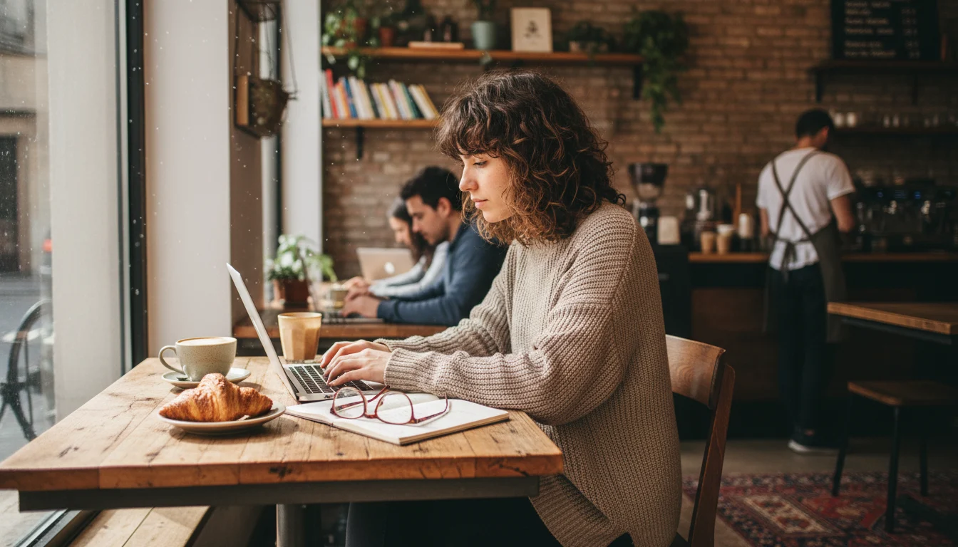 Joven profesional trabajando felizmente con su portátil en una de las mejores cafeterías para trabajar en Barcelona, disfrutando de un café.