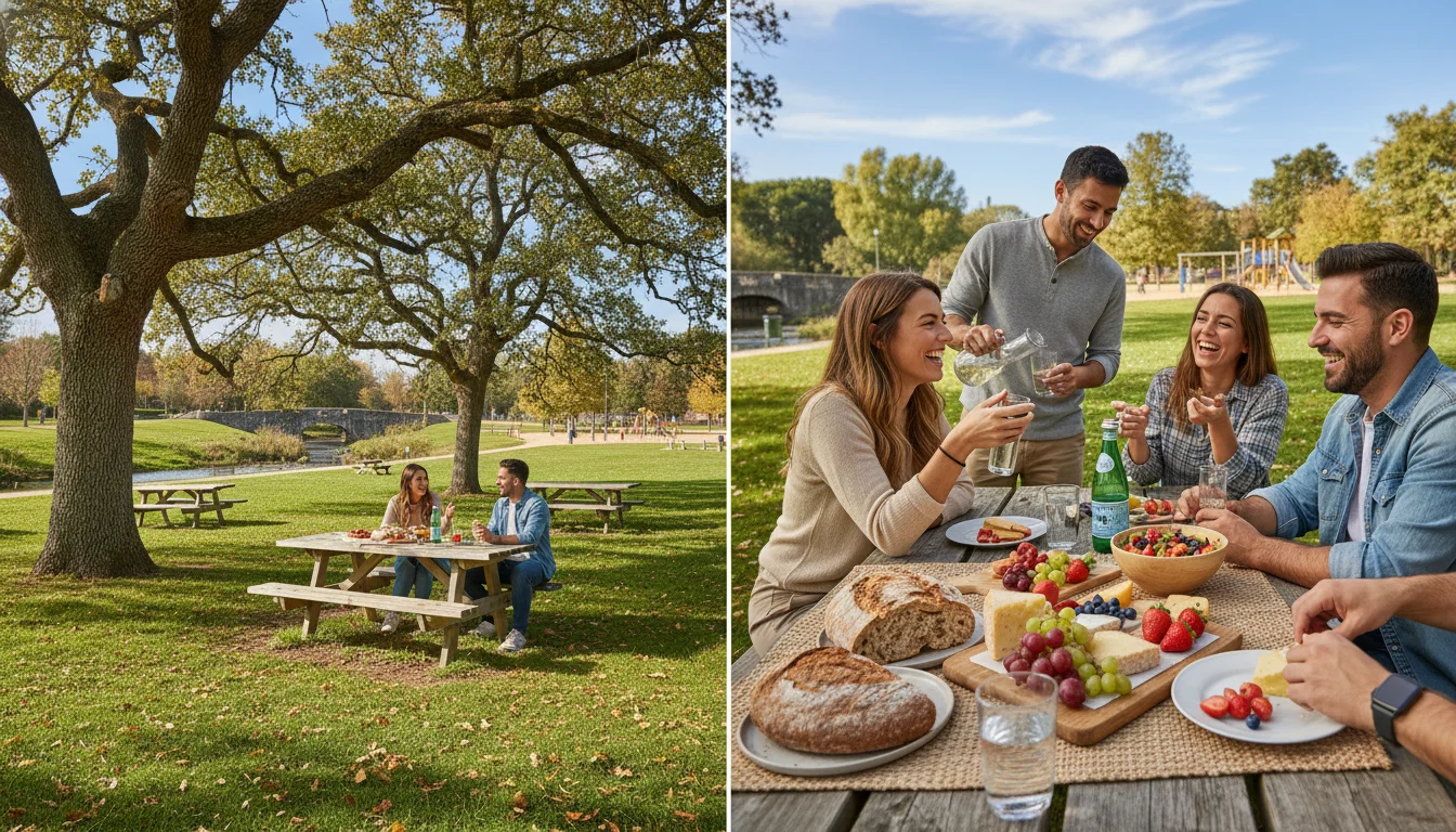 Familia disfrutando de un picnic en un parque verde con mesas de madera, bajo la sombra de un árbol. Mejores parques con mesas picnic.
