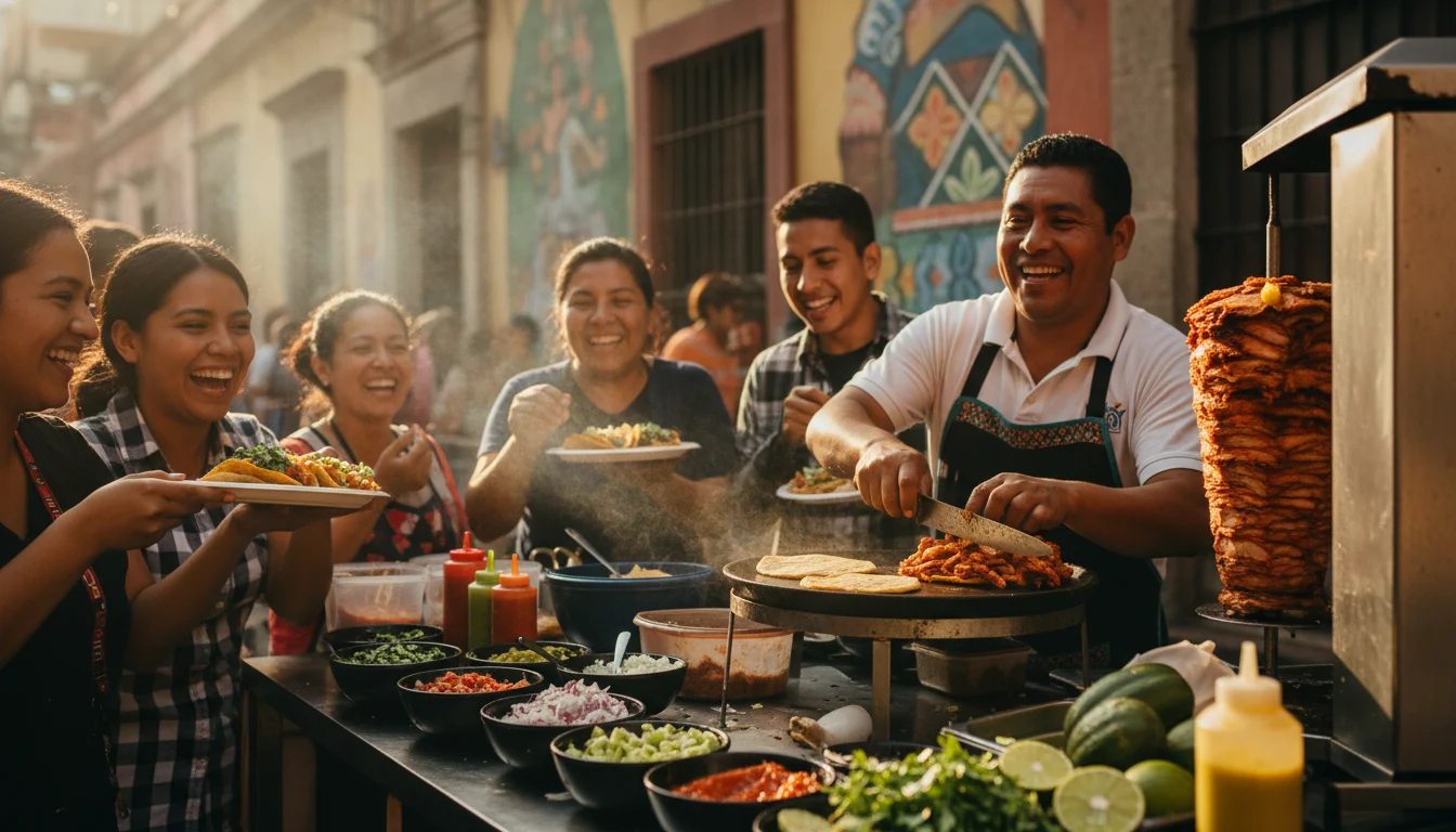 Plato de tacos al pastor con cilantro y piña, representando la auténtica comida mexicana en Barcelona