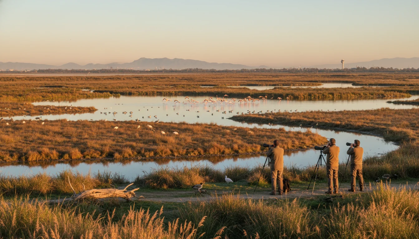 Flamencos y otras aves acuáticas en las lagunas del Delta del Llobregat, santuario de observación de aves.