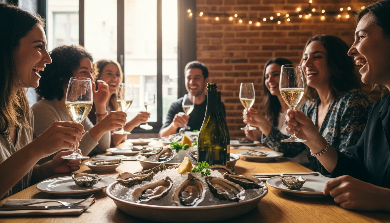 Plato de ostras frescas sobre hielo con rodajas de limón y una copa de cava burbujeante, simbolizando ostras y cava a buen precio.