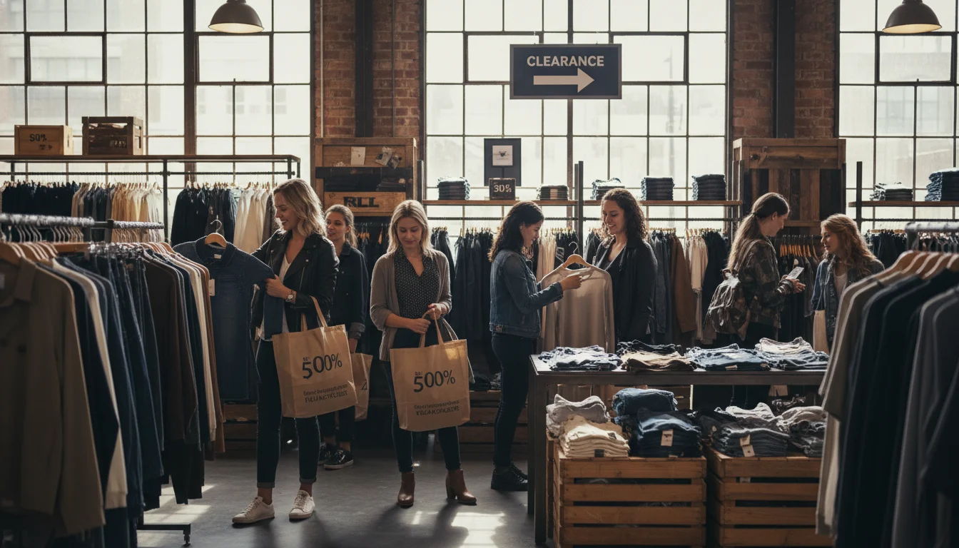 Persona sonriente comprando ropa de marca con descuentos en un outlet urbano de la ciudad, mostrando bolsas de moda económica.