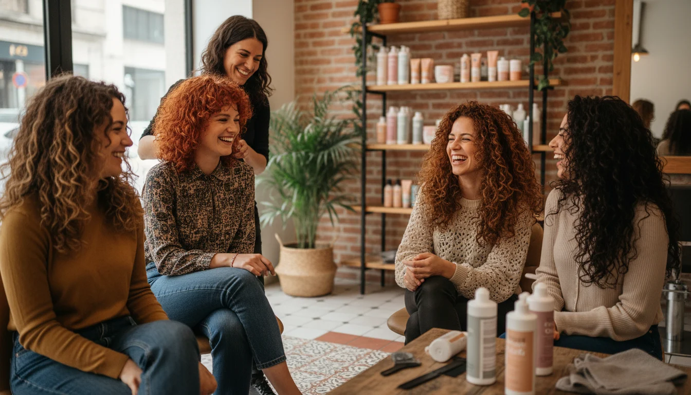 Mujer sonriente con cabello rizado y definido, mostrando el resultado de un cuidado con el método curly en una peluquería especializada.