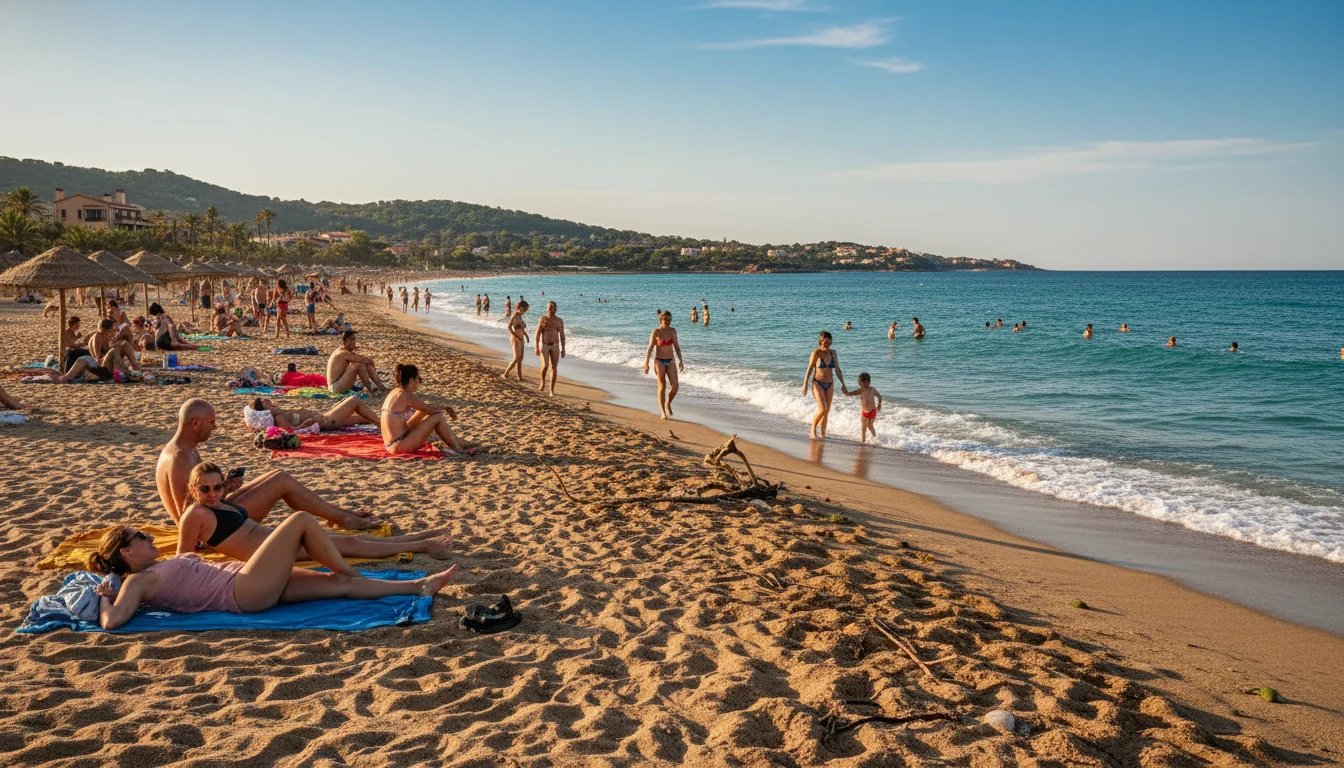 Grupo de bañistas naturistas relajándose en la Playa de la Mar Bella en Barcelona, con el mar Mediterráneo de fondo. Playas nudistas Barcelona.