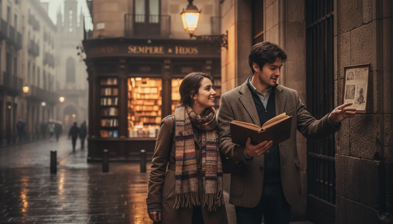 Calle gótica de Barcelona con edificios antiguos y ambiente misterioso de "La Sombra del Viento", ideal para la Ruta Carlos Ruiz Zafón.