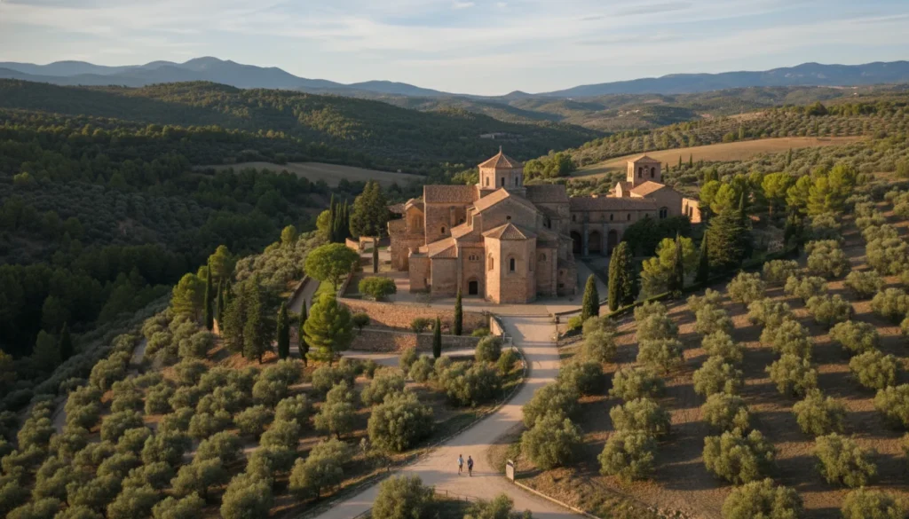 Vista imponente del Monasterio de Poblet, joya cisterciense y Patrimonio UNESCO en Cataluña, mostrando sus claustros y torres.