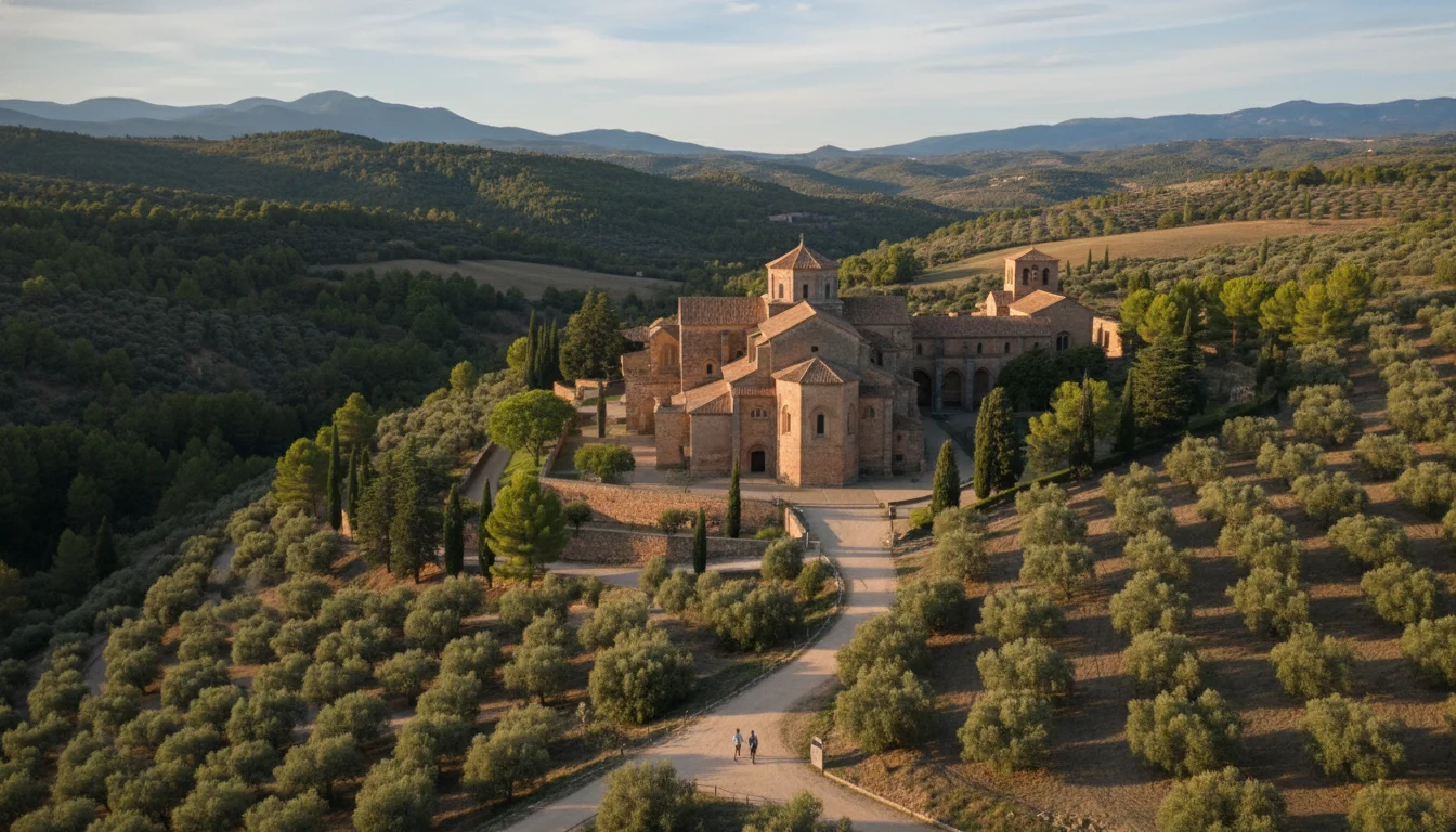 Vista imponente del Monasterio de Poblet, joya cisterciense y Patrimonio UNESCO en Cataluña, mostrando sus claustros y torres.