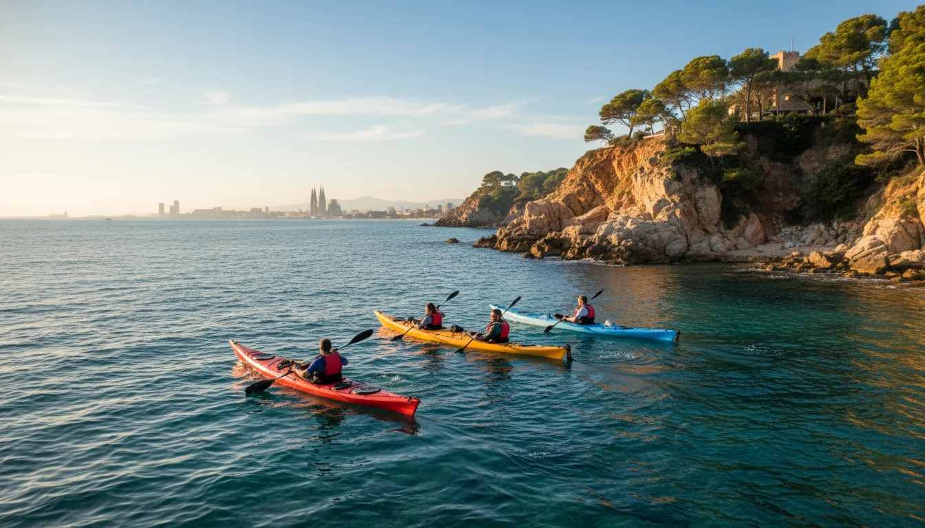 Kayaker explorando una cala secreta de aguas cristalinas en la costa de Barcelona, con acantilados rocosos y kayak Barcelona.