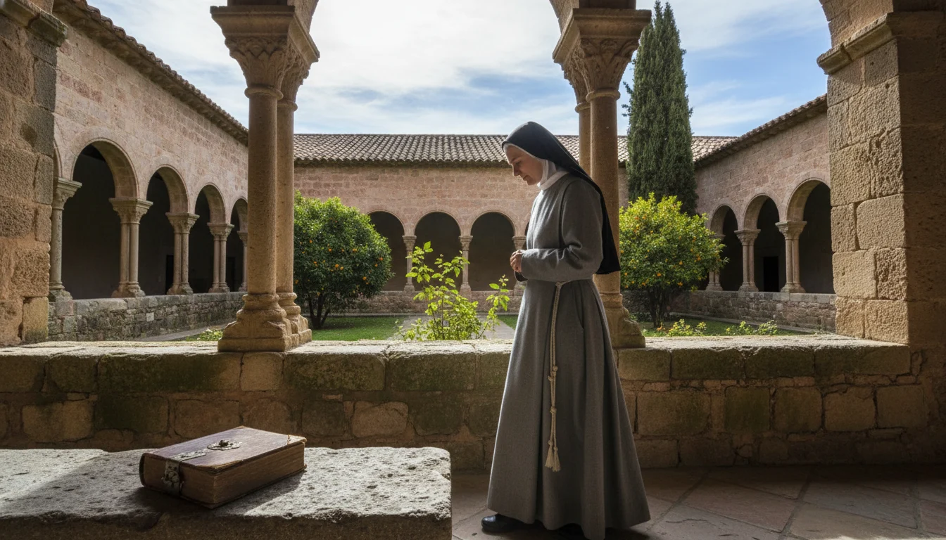 Vista del impresionante claustro gótico del Monasterio de Pedralbes Barcelona, con sus arcos de piedra y jardín central.
