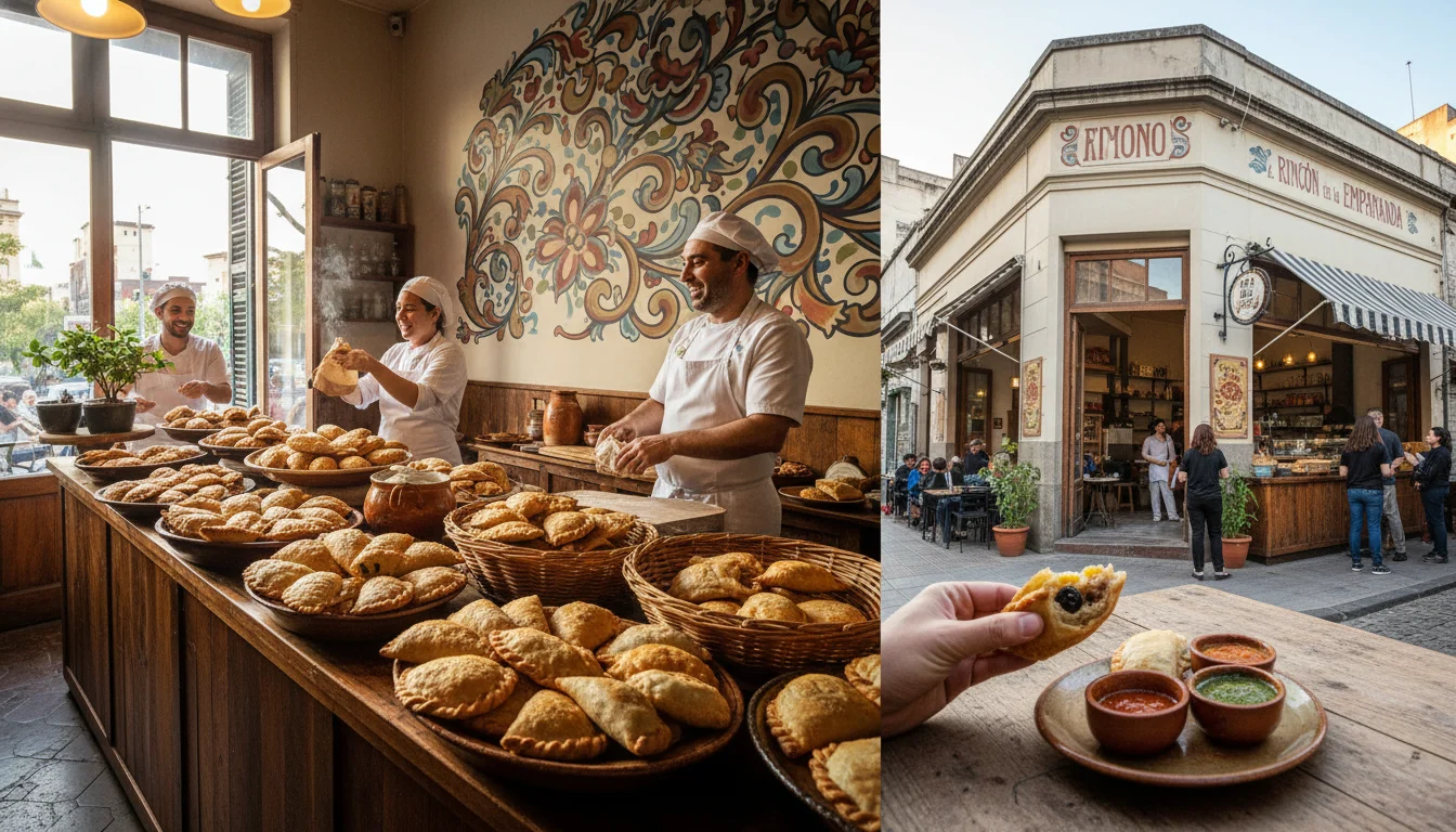 Variedad de empanadas argentinas recién horneadas sobre una tabla de madera, destacando su repulgue artesanal y los rellenos. Mejores empanadas argentinas Barcelona.