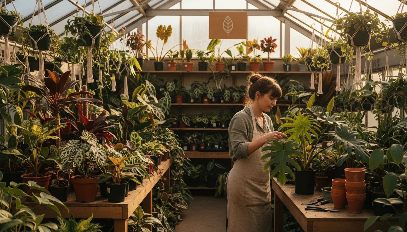 Mujer en un vivero urbano rodeada de diversas plantas exóticas de interior, simbolizando la conexión con la naturaleza en la ciudad.