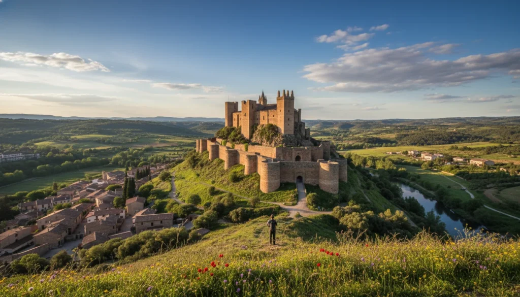 Majestuoso Castillo de Cardona en Cataluña al atardecer, dominando el paisaje con sus murallas medievales y torres históricas.